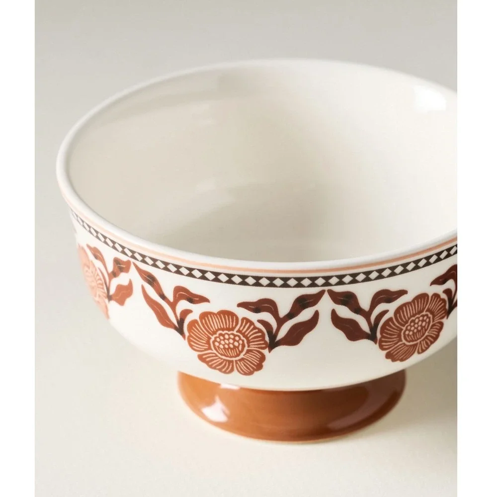Anthropologie Bowl Reverie Orange Floral Footed Nut Dessert Dish Fall Set 2